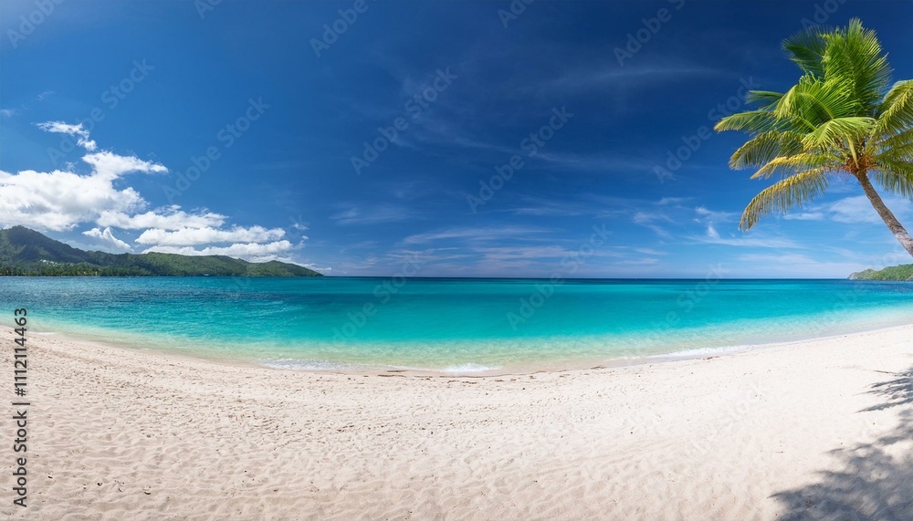 Beautiful tropical beach with palm trees, sunset beach seascape, design template for travel banner. Beautiful tropical beach with palm trees, sunset beach seascape, design template for travel banner.