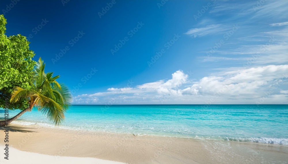 Beautiful tropical beach with palm trees, sunset beach seascape, design template for travel banner. Beautiful tropical beach with palm trees, sunset beach seascape, design template for travel banner.