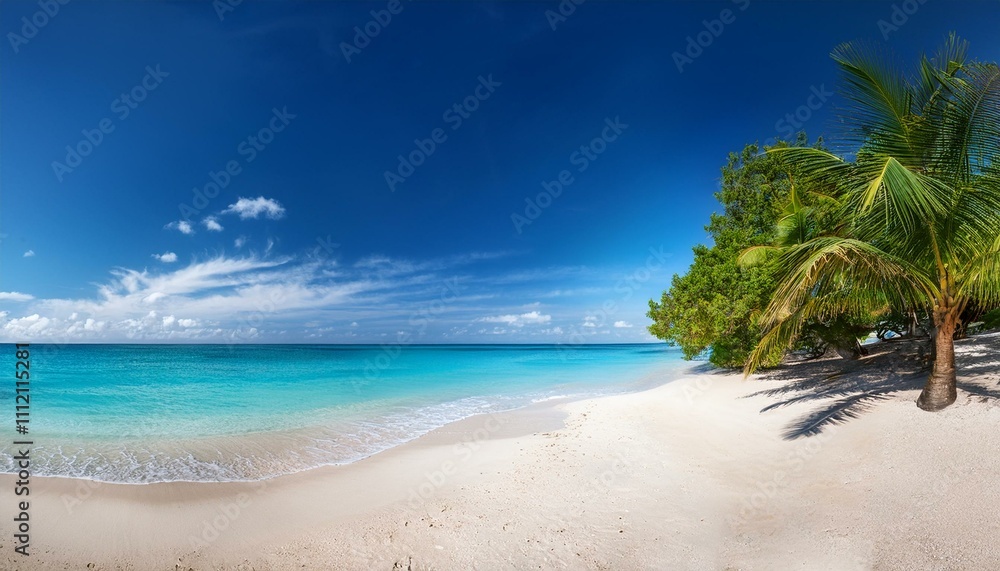 Beautiful tropical beach with palm trees, sunset beach seascape, design template for travel banner. Beautiful tropical beach with palm trees, sunset beach seascape, design template for travel banner.