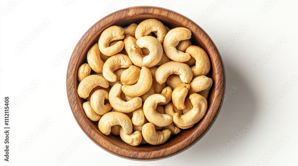Fresh Cashew Nuts in a Round Wooden Bowl on White Background Fresh Cashew Nuts in a Round Wooden Bowl on White Background