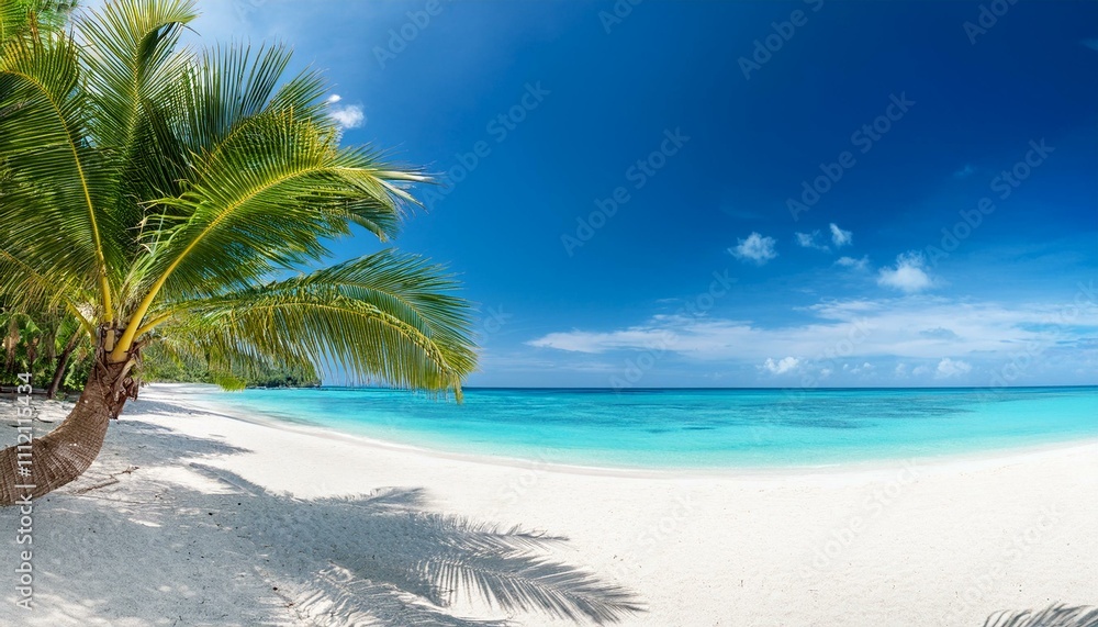Beautiful tropical beach with palm trees, sunset beach seascape, design template for travel banner. Beautiful tropical beach with palm trees, sunset beach seascape, design template for travel banner.