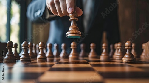 A businessman's hand carefully places a chess pawn on the board, strategy and planning in action. The warm lighting and deep tones of the wood create a sophisticated and serious mood.
