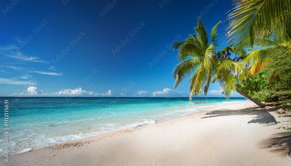 Beautiful tropical beach with palm trees, sunset beach seascape, design template for travel banner. Beautiful tropical beach with palm trees, sunset beach seascape, design template for travel banner.