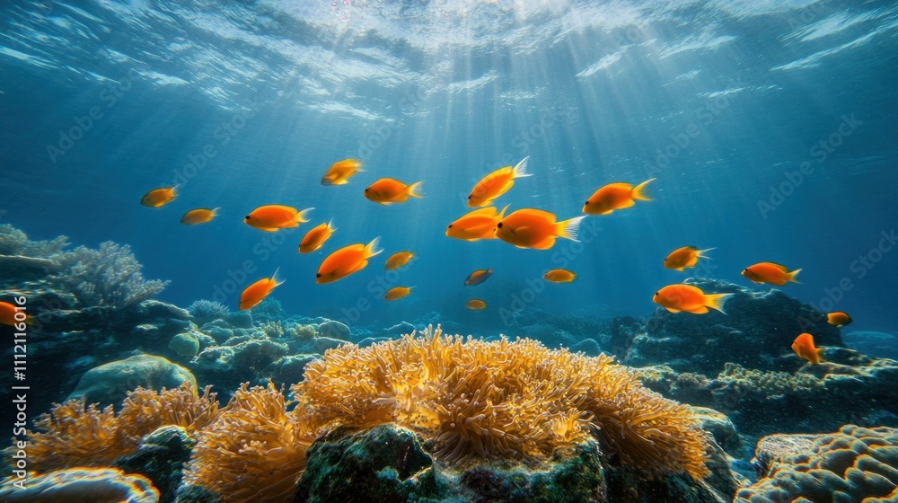 Fototapeta premium Vibrant orange fish school swimming above a coral reef in sunlit ocean water.