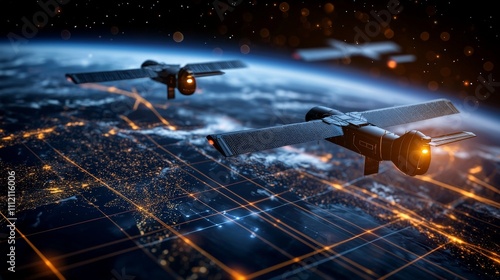 nuclear war  military catastroph concept. Futuristic satellites orbiting Earth with glowing city lights below.