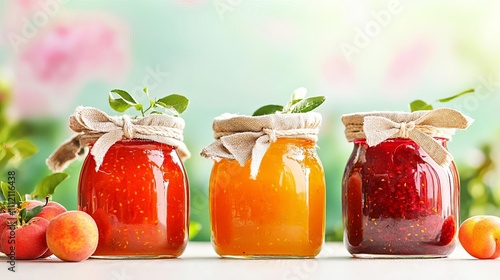 Homemade zero-waste jam made from overripe fruits, displayed in a glass jar with natural fabric tied as a lid photo