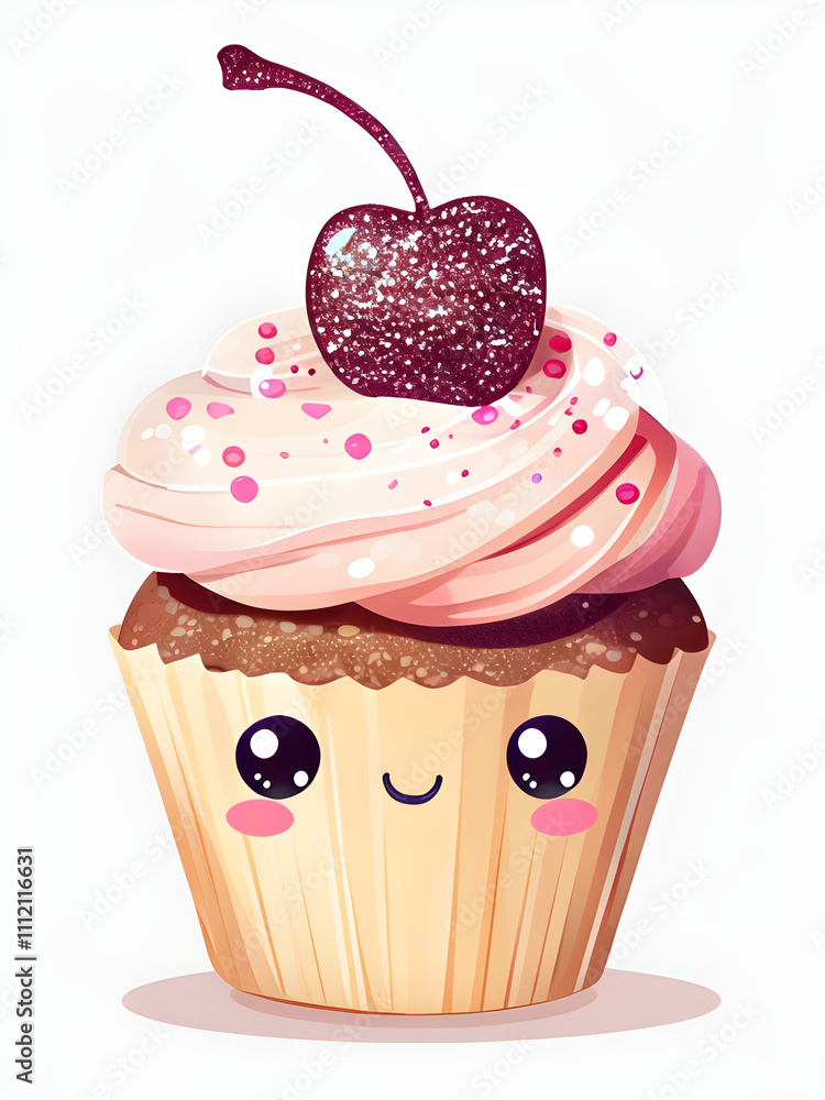 A cupcake with a face topped with a glittering cherry A cupcake with a face topped with a glittering cherry