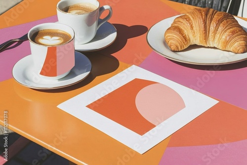 Romantic handwritten note with coffee and croissant on colorful table setting for breakfast inspiration photo