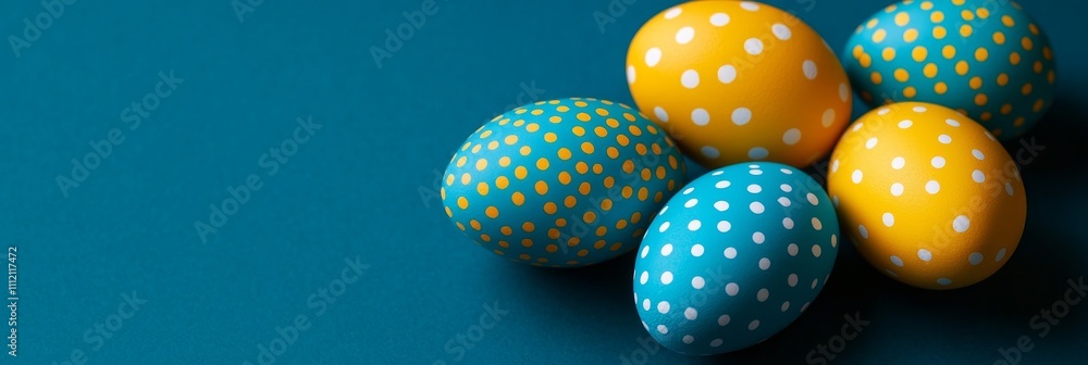 A Vibrant Row, Blue Yellow Easter Decor With Copy Space on Cool-Toned Festive Backdrop, A Vibrant Row, Blue Yellow Easter Decor With Copy Space on Cool-Toned Festive Backdrop,