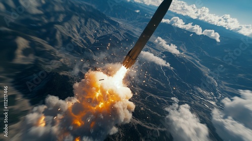 nuclear war  military catastroph concept. Rocket launching into the sky with explosive clouds below.