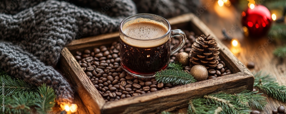 Melange coffee is elegantly presented in a glass mug, surrounded by coffee beans and festive decor, creating a warm and inviting atmosphere for the holiday season. Melange coffee is elegantly presented in a glass mug, surrounded by coffee beans and festive decor, creating a warm and inviting atmosphere for the holiday season.
