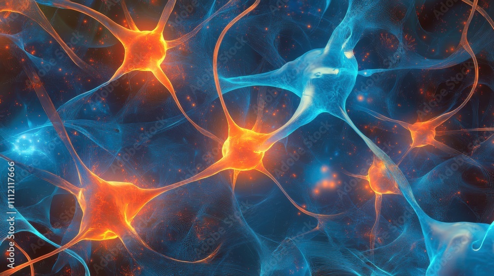 A glowing neural network with vivid blue and orange nodes pulsating with energy, surrounded by subtle light particles and dynamic wave patterns, set against a dark gradient A glowing neural network with vivid blue and orange nodes pulsating with energy, surrounded by subtle light particles and dynamic wave patterns, set against a dark gradient