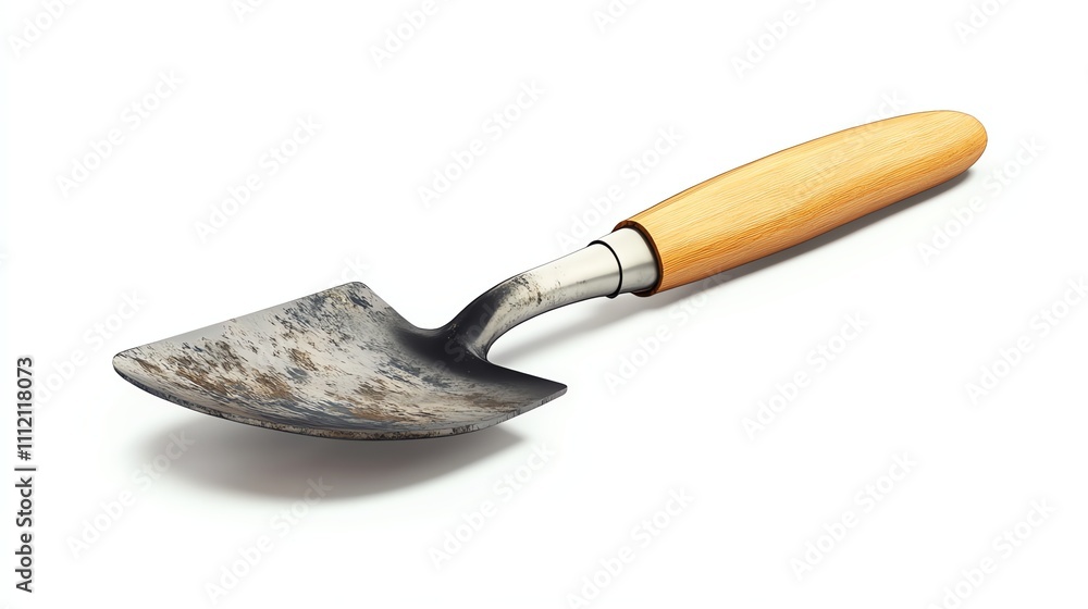 A weathered garden trowel with a wooden handle, isolated on a white background. A weathered garden trowel with a wooden handle, isolated on a white background.