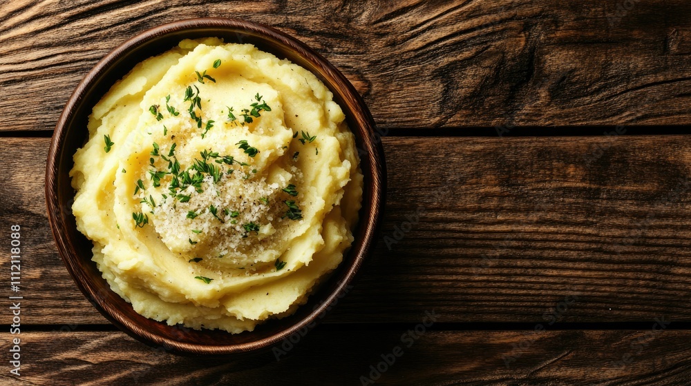 Creamy Mashed Potatoes with Tasty Herbs in a Wooden Bowl Creamy Mashed Potatoes with Tasty Herbs in a Wooden Bowl