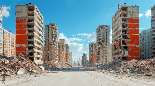 nuclear war  military catastroph concept. Desolate cityscape of crumbling buildings under a bright blue sky.
