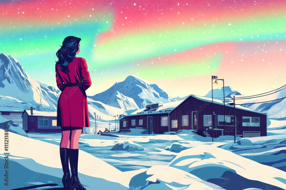 Obraz premium Pop-art illustration of a woman standing under the northern lights in a snowy arctic village, perfect for winter-themed designs
