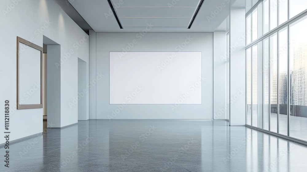 Empty gallery interior with large blank canvas and floor-to-ceiling windows. Modern, minimalist design. Empty gallery interior with large blank canvas and floor-to-ceiling windows. Modern, minimalist design.