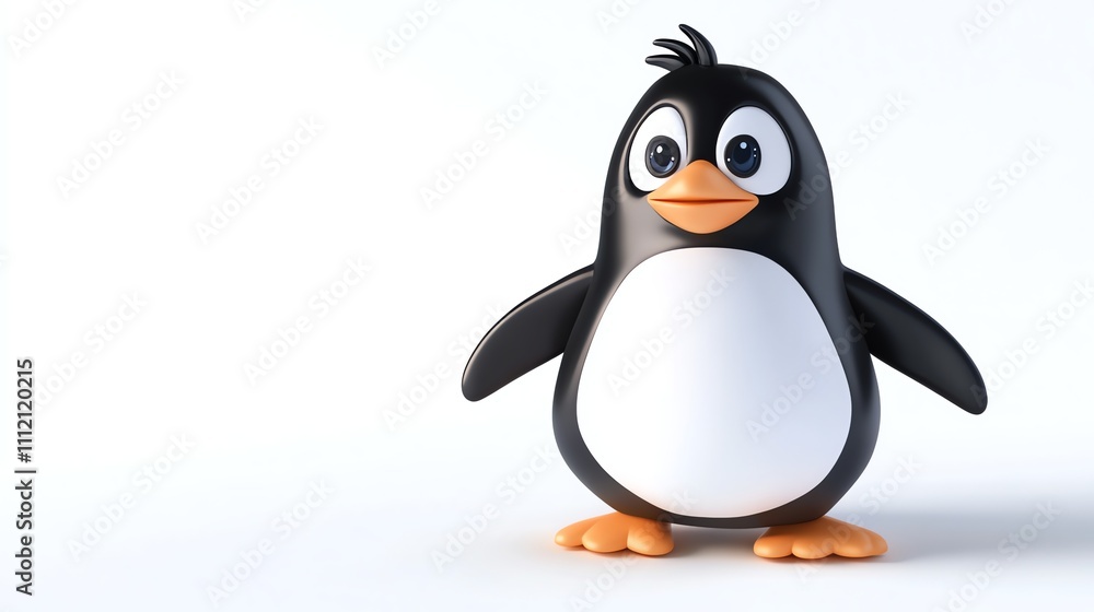 Fototapeta premium A cartoon penguin with big eyes, standing on a white background.