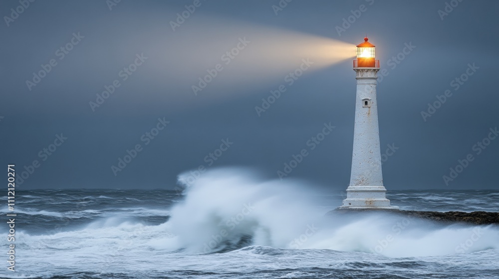Majestic Lighthouse Guiding Ships Through Stormy Seas with Powerful Beam of Light on a Gloomy Day, Surrounded by Roaring Waves and Dramatic Sky Majestic Lighthouse Guiding Ships Through Stormy Seas with Powerful Beam of Light on a Gloomy Day, Surrounded by Roaring Waves and Dramatic Sky