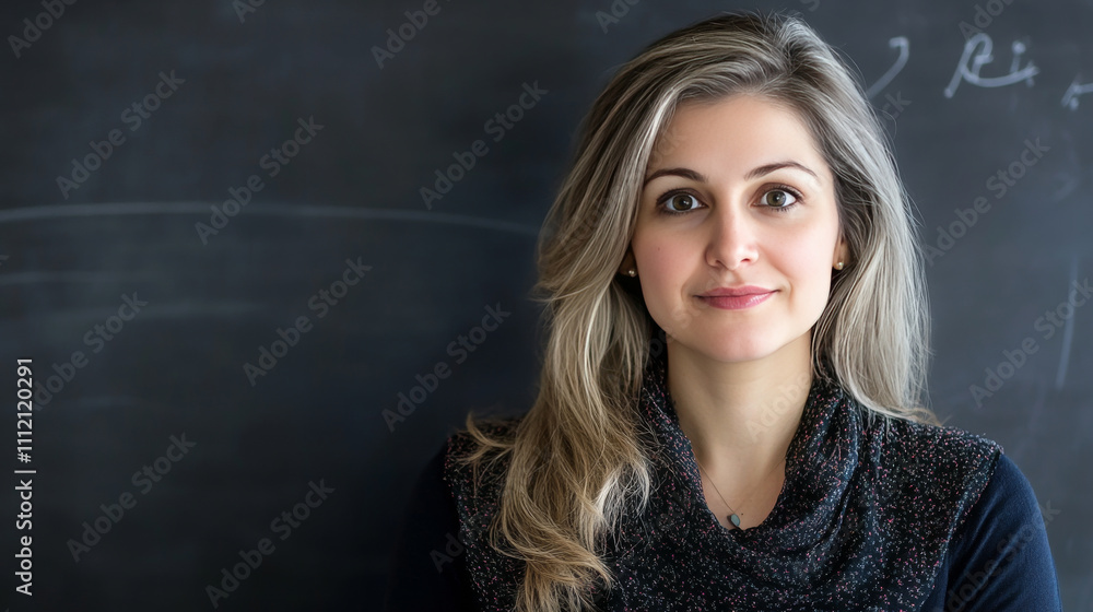 thoughtful teacher stands in front of chalkboard, inspiring students. thoughtful teacher stands in front of chalkboard, inspiring students.