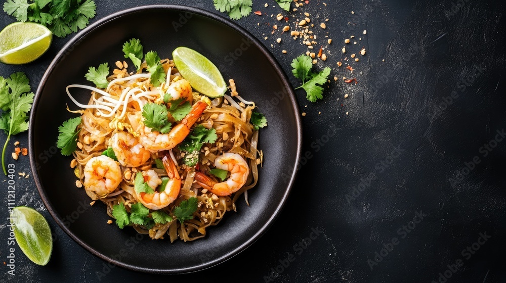 Fresh Shrimp Pad Thai with Lime and Herbs in Dark Bowl Fresh Shrimp Pad Thai with Lime and Herbs in Dark Bowl