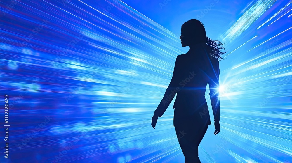 Silhouette of a woman walking towards a bright future. Blue light streaks represent speed and progress. Silhouette of a woman walking towards a bright future. Blue light streaks represent speed and progress.