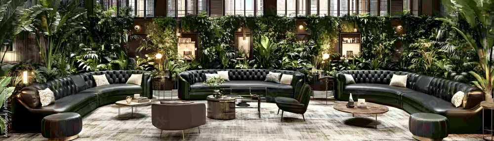 Luxury Tropical Lounge Illustration: Curved Sofas and Lush Greenery Luxury Tropical Lounge Illustration: Curved Sofas and Lush Greenery