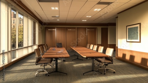 Modern conference room with large windows, wooden table, and comfortable chairs. Sunlight streams in, creating a warm and inviting atmosphere.