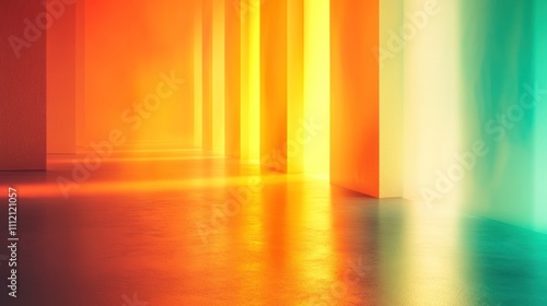 A vibrant, illuminated corridor with colorful light reflections.