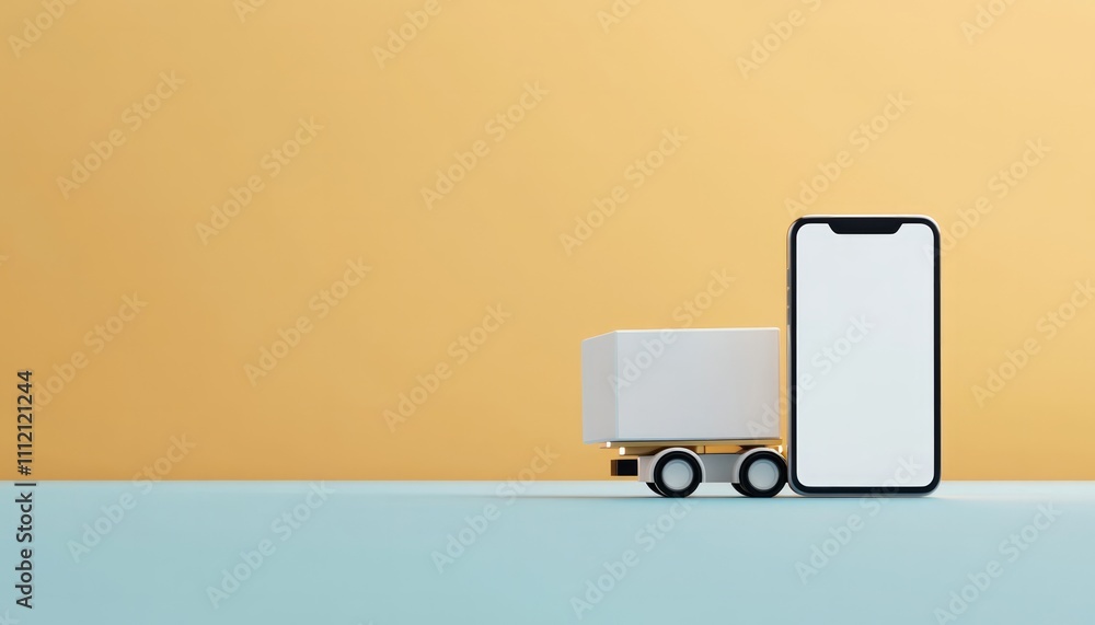 Order delivery of parcels online. payment for delivery via smartphone, A smartphone placed on the floor with a delivery truck Order delivery of parcels online. payment for delivery via smartphone, A smartphone placed on the floor with a delivery truck