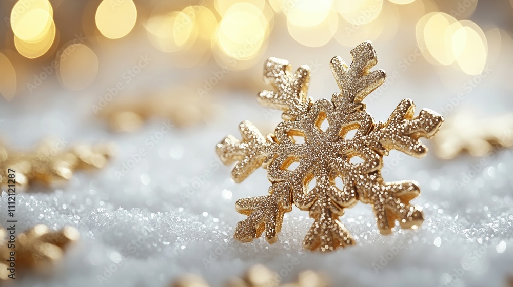 Sparkling Gold Snowflake on Glittering Snow Festive Winter Background Sparkling Gold Snowflake on Glittering Snow Festive Winter Background