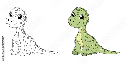 Cute funny dinosaur, children's illustration in flat cartoon style. Perfect for children's educational and play projects, coloring book, print, greeting card