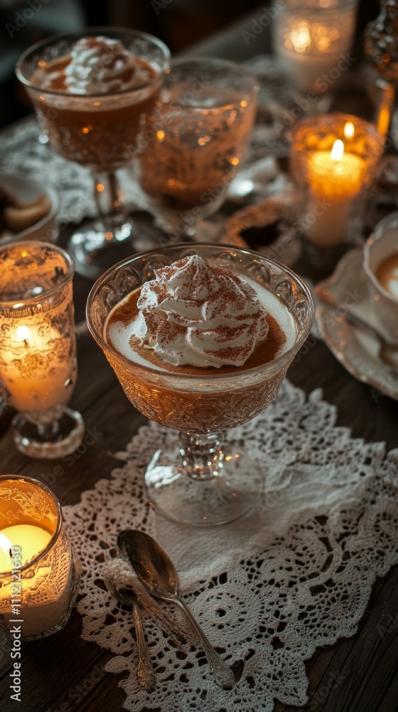 Melange coffee served in elegant glassware creates a cozy, inviting atmosphere, highlighted by the warm glow of candles and intricate lace decor, perfect for gatherings. Melange coffee served in elegant glassware creates a cozy, inviting atmosphere, highlighted by the warm glow of candles and intricate lace decor, perfect for gatherings.
