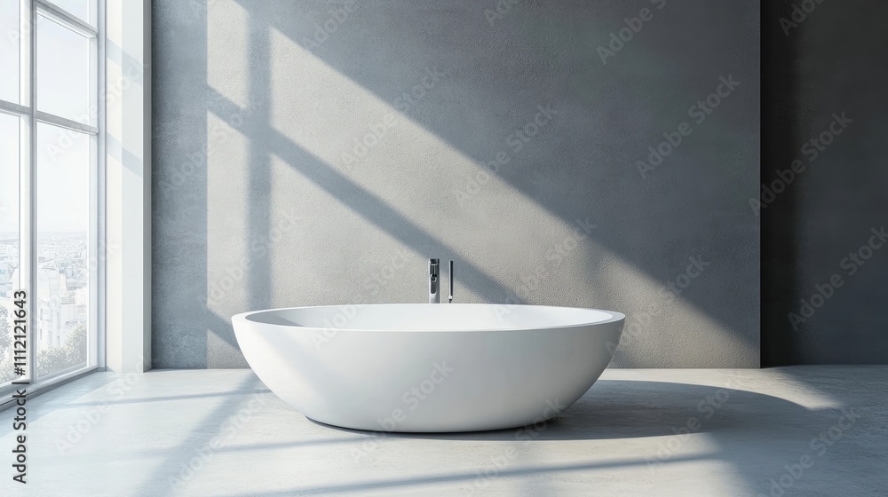 Modern, minimalist bathroom with a freestanding oval bathtub. Sunlight streams through a large window, illuminating the serene space. Modern, minimalist bathroom with a freestanding oval bathtub. Sunlight streams through a large window, illuminating the serene space.