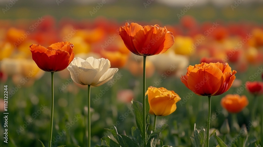 Colorful tulips bloom vibrantly in a sunny field during springtime in the countryside Colorful tulips bloom vibrantly in a sunny field during springtime in the countryside