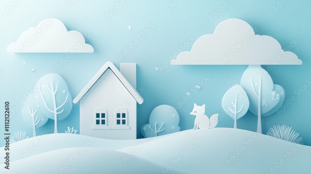 3D, Cute paper-cut style, with white clouds in the sky, trees on both sides of snow-covered hills, a small house with an arctic fox sitting outside the window, a simple background color, 3D, Cute paper-cut style, with white clouds in the sky, trees on both sides of snow-covered hills, a small house with an arctic fox sitting outside the window, a simple background color,
