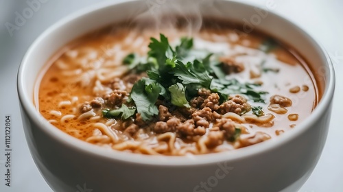 Steaming Bowl Of Noodles Ground Meat And Herbs