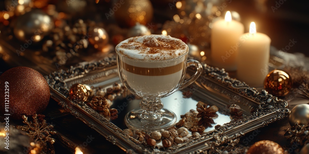 Melange coffee sits elegantly in a decorative glass, surrounded by festive ornaments and soft candlelight, creating a cozy and inviting winter atmosphere. Melange coffee sits elegantly in a decorative glass, surrounded by festive ornaments and soft candlelight, creating a cozy and inviting winter atmosphere.