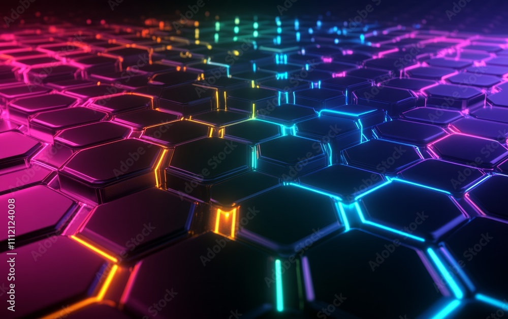 Abstract futuristic background with colorful glowing hexagons on a dark blue background, Abstract futuristic background with colorful glowing hexagons on a dark blue background,