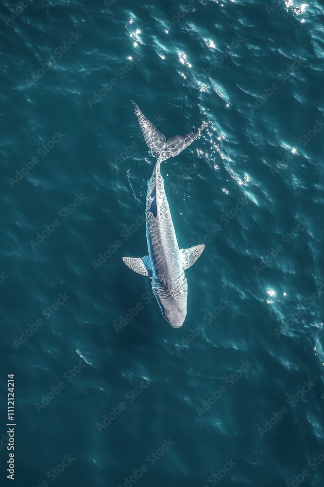 Obraz premium Aerial View of a Majestic Shark Swimming Gracefully Through Crystal Clear Ocean Waters, Capturing the Beauty of Marine Life and Underwater Ecosystem Dynamics