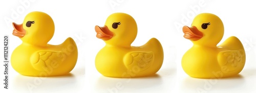 Three yellow rubber ducks isolated on a white background, shown from three different angles, in a simple, minimalistic style with no shadows