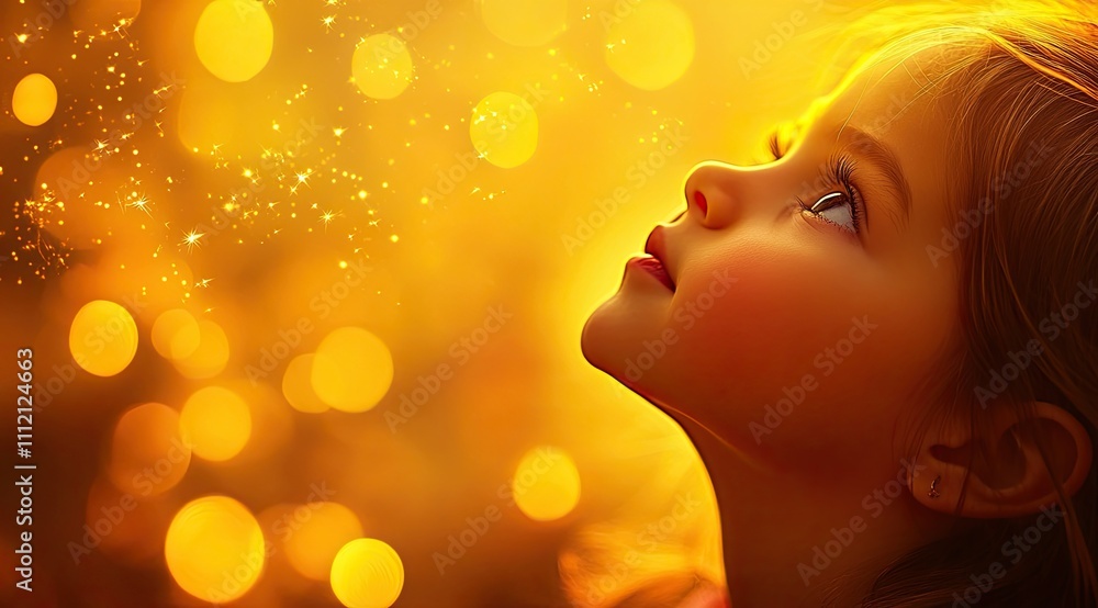 Fototapeta premium Starlit Dreams: Enchanting Portrait of a Child Amid Golden Christmas Lights