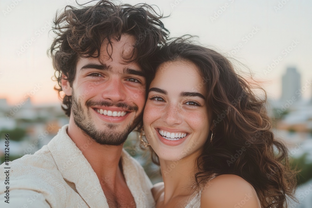Stylishly Dressed Couple Posing for a Selfie with City Skyline in Background During Golden Hour Stylishly Dressed Couple Posing for a Selfie with City Skyline in Background During Golden Hour