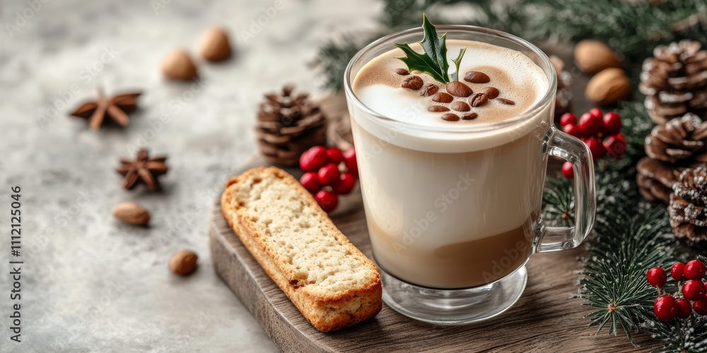 Melange coffee is beautifully presented with creamy layers and topped with coffee beans, accompanied by a crunchy cookie and festive decorations for a cozy feel. Melange coffee is beautifully presented with creamy layers and topped with coffee beans, accompanied by a crunchy cookie and festive decorations for a cozy feel.