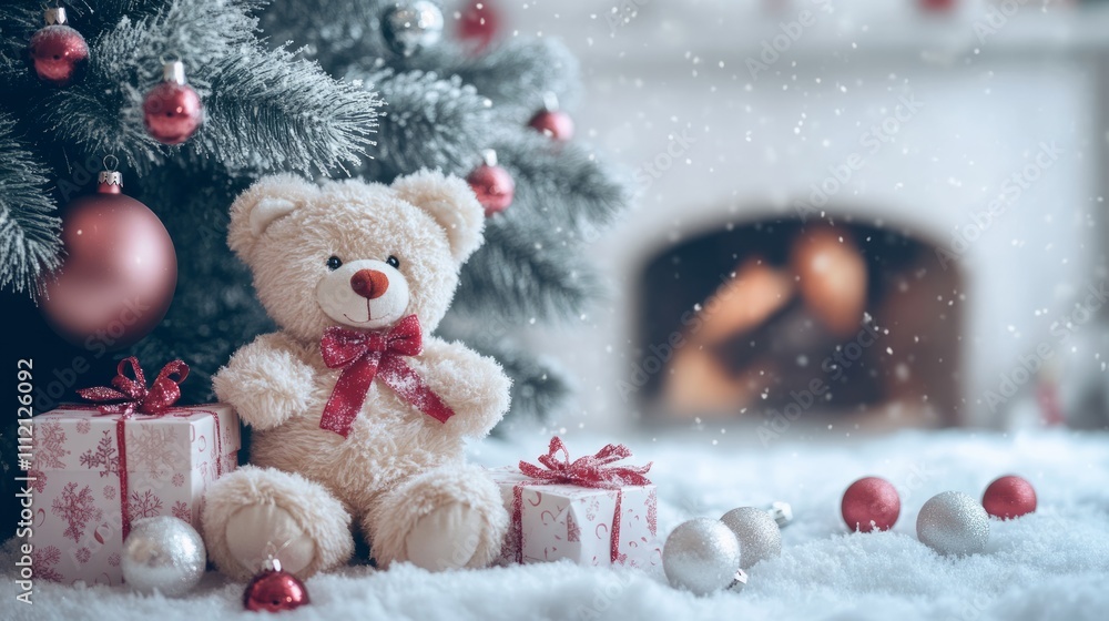Christmas fireplace backdrop, christmas tree, luxury gift boxes, teddy bear, snow, copy space Christmas fireplace backdrop, christmas tree, luxury gift boxes, teddy bear, snow, copy space