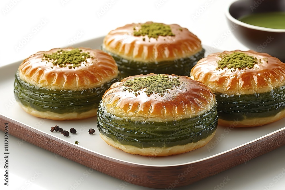 Close-up of four pastry puffs filled with green custard and topped with pistachios, served on a white square plate with a bowl of green tea. Close-up of four pastry puffs filled with green custard and topped with pistachios, served on a white square plate with a bowl of green tea.