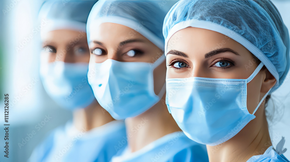 A team of surgeons in protective uniforms, caps and masks. A team of surgeons in protective uniforms, caps and masks.