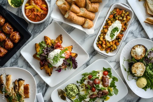 A variety of plated appetizers and side dishes, showcasing culinary diversity and food presentation.