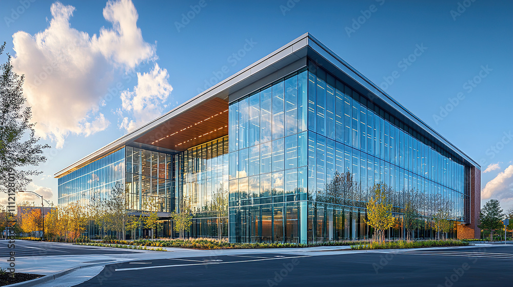 Modern glass building with reflective surface and landscaped surroundings during daylight. Generative AI Modern glass building with reflective surface and landscaped surroundings during daylight. Generative AI