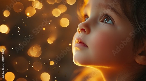 Starlit Dreams: Enchanting Portrait of a Child Amid Golden Christmas Lights